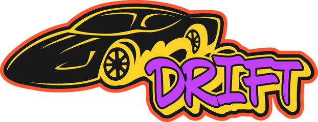 Auto drift race retro Y2K sticker or print. Auto motorsport retro vector label, speed racing grand prix Y2K patch. Formula 1, drift competition tag with racing car and violet color typography