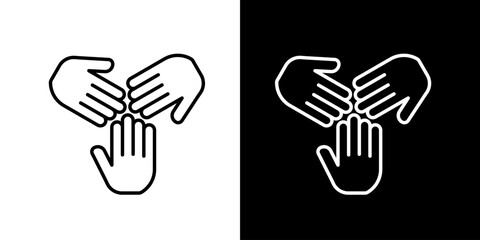 Minimalist line icon of three hands joined together representing teamwork unity collaboration and partnership shown in black and white versions