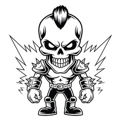 Black and white illustration of a punk rock skeleton warrior with a mohawk and spiked armor skull