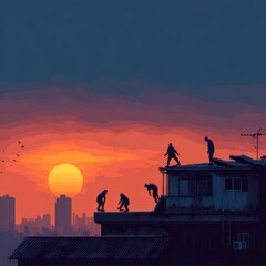 Silhouette Figures on Rooftop at Sunset Pixel Art Style