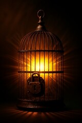 Radiant Cage of Inspiration, Symbolic Energy Containment, Mystical Lantern of Ideas, Conceptual Glow Confinement, Caged Illumination Symbolic Artwork, Fantasy Lantern