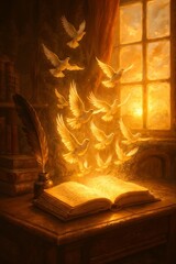 Fiction Soaring Spirit, Story Enlightened Metaphor, Book Sublime Transcendence, Knowledge Melting Liberation, Paper Transformation, Book Dreamlike Ascension, Book Alchemical Change
