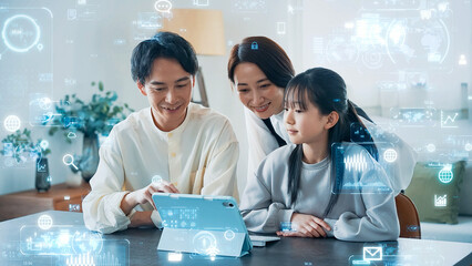 DX、デジタル、テクノロジー、家族、ファミリー、親子、教育、家庭、タブレット、未来、データ、スマートホーム、スマートハウス、サイバー、技術、科学、クラウド、AI、人工知能、CX、カスタマーエクスペリエンス、インターフェース、パパ、ママ、女の子、子供、トランスフォーメーション、IT、GUI、子育て、学習、eラーニング、勉強、受験、小学生、リサーチ、検索、コンピュータ、ネットワーク、インターネット、オ