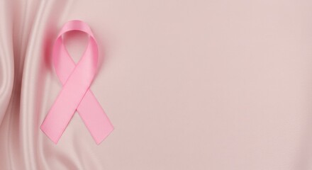 Horizontal banner with a simple pink ribbon for breast cancer awareness over a soft, draped satin background