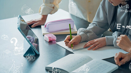 studying, science, learning, education, research, cram school, private tutor, individual instruction, child, parent and child, family, school, japanese, asian, technology, desk, notebook, mathematics,