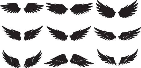 Collection of nine black silhouette angel wings on white background vector