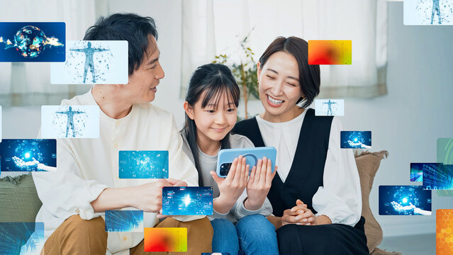 Parents and children watching video content on a smartphone