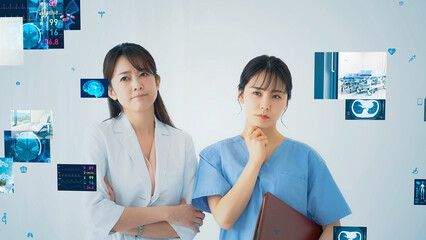 考える医療従事者とメディカルテクノロジーイメージ