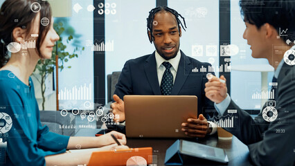 Group of multinational business people meeting in office with statistical data