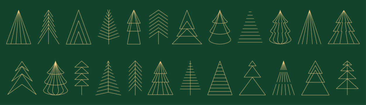 Christmas tree set, minimalist geometric icon, line elements