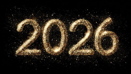 Sparkling golden glitter numeral 2026 on black. A New Year's Eve or future-focused design