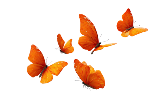 Orange butterflies in flight against black