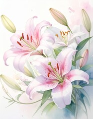 Fototapeta premium Zarter Aquarell-Hintergrund mit weißen und rosafarbenen Lilien