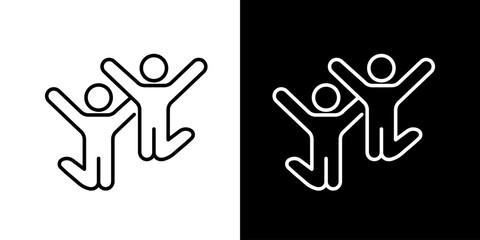 Minimalist line icon of two people jumping with raised arms symbolizing joy success celebration teamwork and happiness in black and white versions