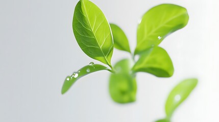 Close up of fresh green leaves with water drops on clean background.