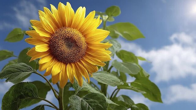 A vibrant sunflower stands against a blue sky with wispy clouds Its yellow petals surround a brown center