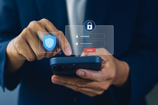 Cybersecurity and data protection concept with businessmen using fingerprint scanning to secure financial and commercial transactions against cyberattacks and digital threats