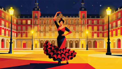 Illustration Of Plaza Mayor With Flamenco Dancers, Yellow Street Lights And Night Atmosphere Vector Design Template © BedRoses