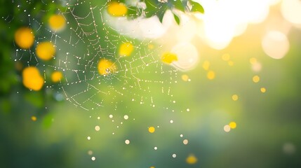 Delicate spiderweb covered in dew drops with abstract light painting background