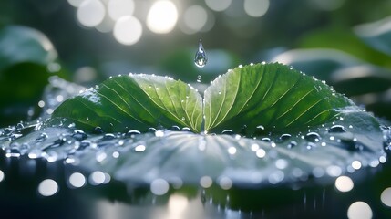 Macro closeup of water droplet falling onto leaf with dewdrops in the morning