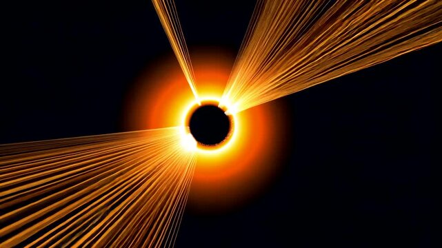 Black circular eclipse surrounded by a glowing orange halo with golden rays extending across a dark background