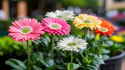 Colorful gerbera daisies in a row, vibrant spring bloom close up