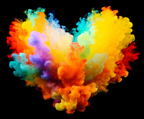 Colorful abstract heart shape created using vibrant smoke against a black background