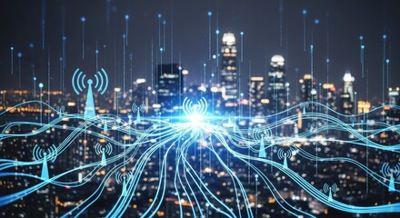 A nighttime cityscape is overlaid with luminous digital network lines connecting numerous antenna icons emanating from a bright central point