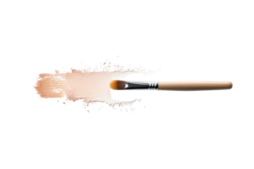 A beauty makeup brush with powder flying off, captured on a white isolated background to highlight the elegance of cosmetic tools.
