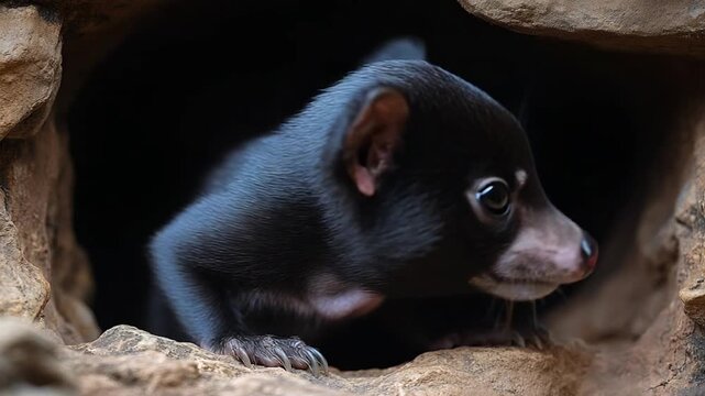 Cute Tasmanian Devil Peeking Out of Its Den.