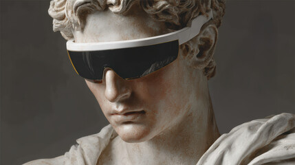 Pensive ancient Roman marble statue, classic art sculpture, wearing futuristic sunglasses. modern juxtaposition creating surreal concept