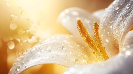 Close-up of Elegant White Lily Flower with Water Droplets and Golden Light