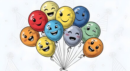 A bunch of colorful balloons with happy smiley faces floating together