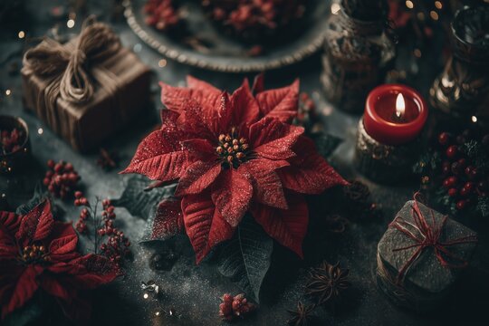 Festive poinsettia and candle arrangement with wrapped gifts and berries