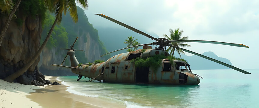 Military Helicopter Beached on Tropical Shoreline Coastal Scene with Palms and Water Landscape - Powered by Adobe
