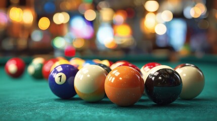 Billiard Balls on Felt Table with Bokeh Background