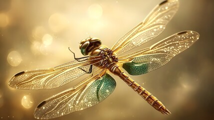 Majestic golden dragonfly with iridescent wings in shimmering light and bokeh