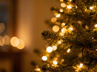 Fototapeta premium Golden Christmas lights on a Christmas tree with some bokeh effect on a background