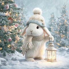 Obraz premium Cute winter rabbit in hat and scarf holding lantern near Christmas tree in snowy forest night