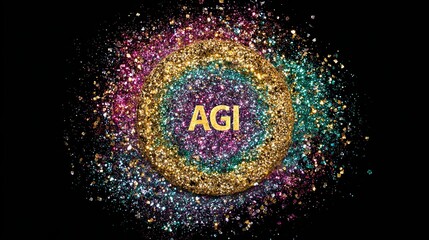 Golden glitter circle with AGI text in sparkling letters surrounded by vibrant particles on black