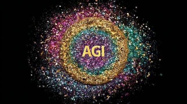 Golden glitter circle with AGI text in sparkling letters surrounded by vibrant particles on black