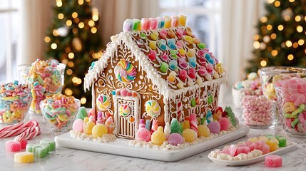 Naklejka premium Colorful gingerbread house decorated with icing and candies on festive table with christmas tree lights