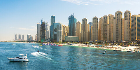 Beautiful view, Panorama of the beach at Jumeirah Beach Residence, Dubai, UAE.