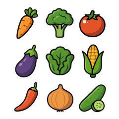 Colorful Cartoon Vegetables Set: Carrot, Broccoli, Tomato, Eggplant, Lettuce, Corn, Pepper, Onion