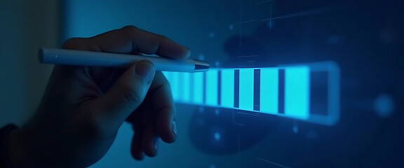 Hand Interacting with Glowing Progress Bar on Dark Background, Concept of Technology and Data