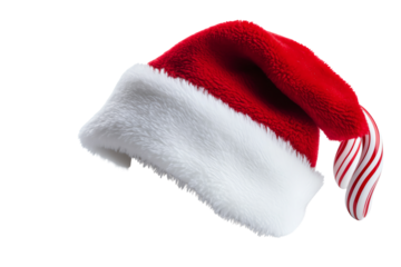 A festive red and white Santa hat, perfect for holiday celebrations, showcasing soft fur and a classic design, isolated on a white background.