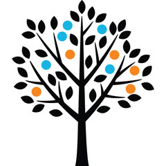 Fototapeta premium Stylized Tree with Blue and Orange Fruit leaf leaves branch branches black circle circles isolated vector illustration graphic design