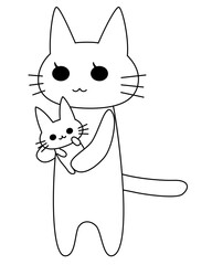 子猫を優しく抱く猫キャラクターのかわいいベクターイラスト。親子や子育て、家族愛、保育、子守、教育、ペットライフなどをテーマにした癒しのデザイン素材