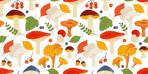 seamless pattern of wild mushrooms and autumn leaves. flat drawing with linear elements, bright color. stock vector illustration. EPS 10.