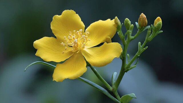 A vibrant yellow flower with green buds and stems set against a blurry background